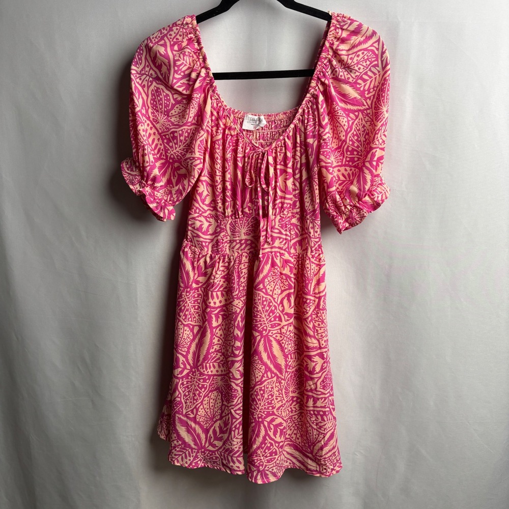 Sienna Sky Pink Tropical Puff Sleeve Smocked Mini Dress Resortwear Boho XS NWT